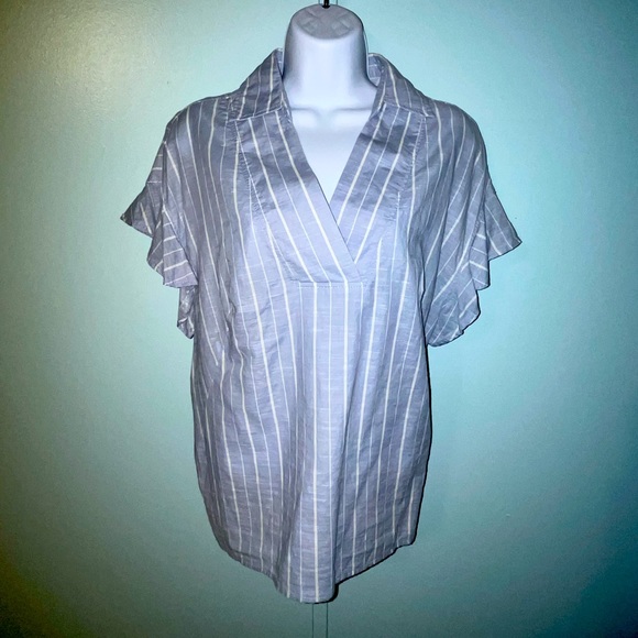 H & M Label Of Graded Goods Blouse Size US 4 Blue /White‎ Stripes Ruffles - Picture 1 of 16